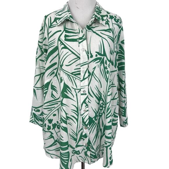 Christian Siriano Tops - Christian Siriano NY Linen Blend Tropical Leaf Button Shirt Green White L
